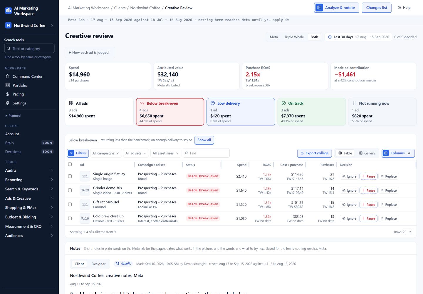 AdNexus creative review product capture showing fictional campaign results, ad decisions, and review notes